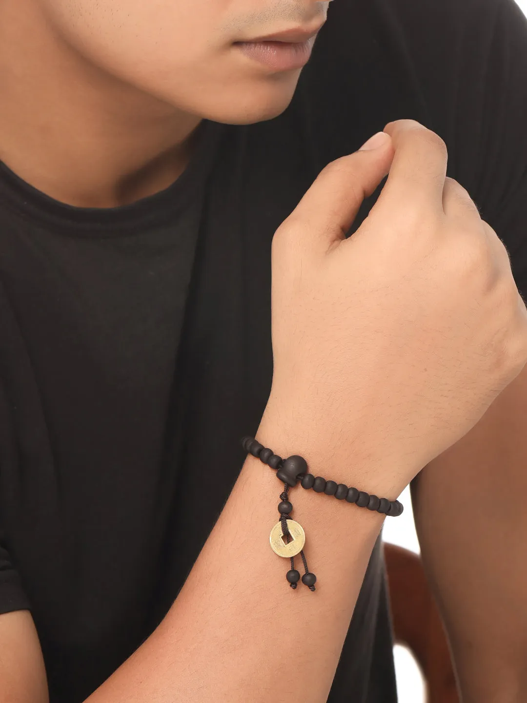 Men's Black Beaded Adjustable Braclet - NVR