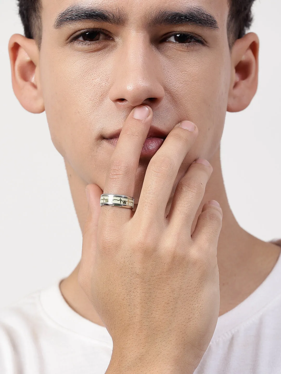 Men's Rhodium-Plated Silver-Toned Stainless Steel Finger Ring - NVR
